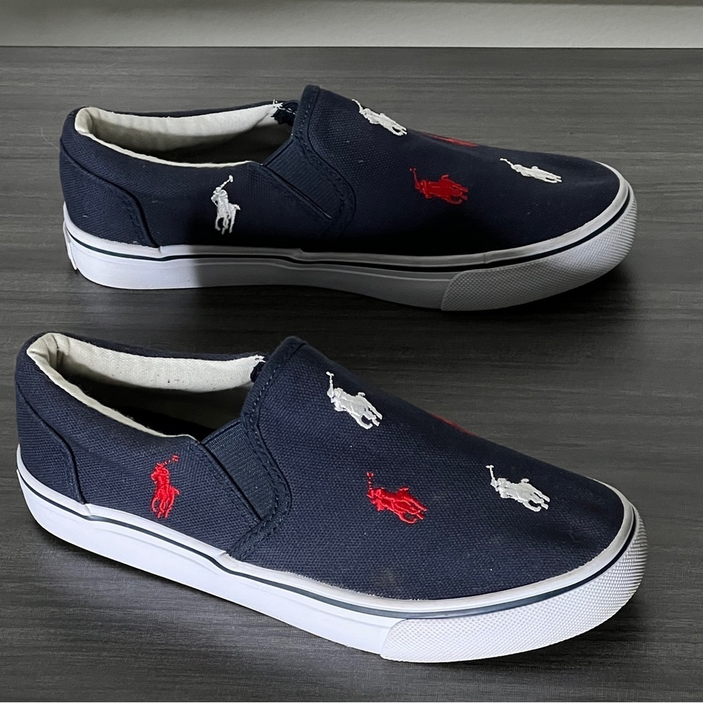 POLO Children's Size 2 Blue Red White Slip On Loafers. White Rubber Sole.